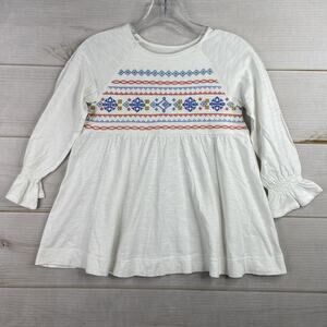 Garnet Hill Dress Girls Sz L White Embroidered 3/4 Sleeve Tunic Top Knit Pullove